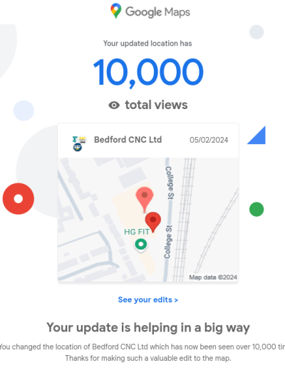 A Google Maps notification showing Bedford CNC Ltd's location reaching 10,000 total views, dated 05/02/2024