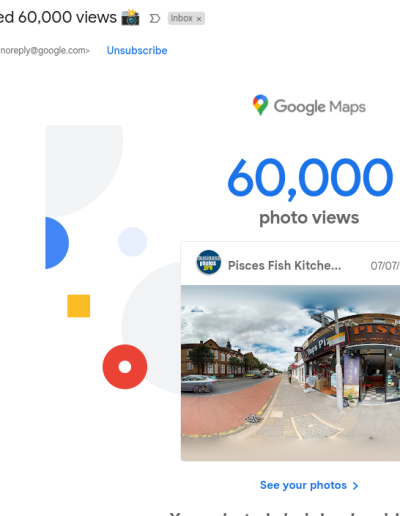 A Google Maps notification showing Pisces Fish Kitchen's photo reaching 60,000 views, featuring an exterior view of the restaurant dated 07/07/2022